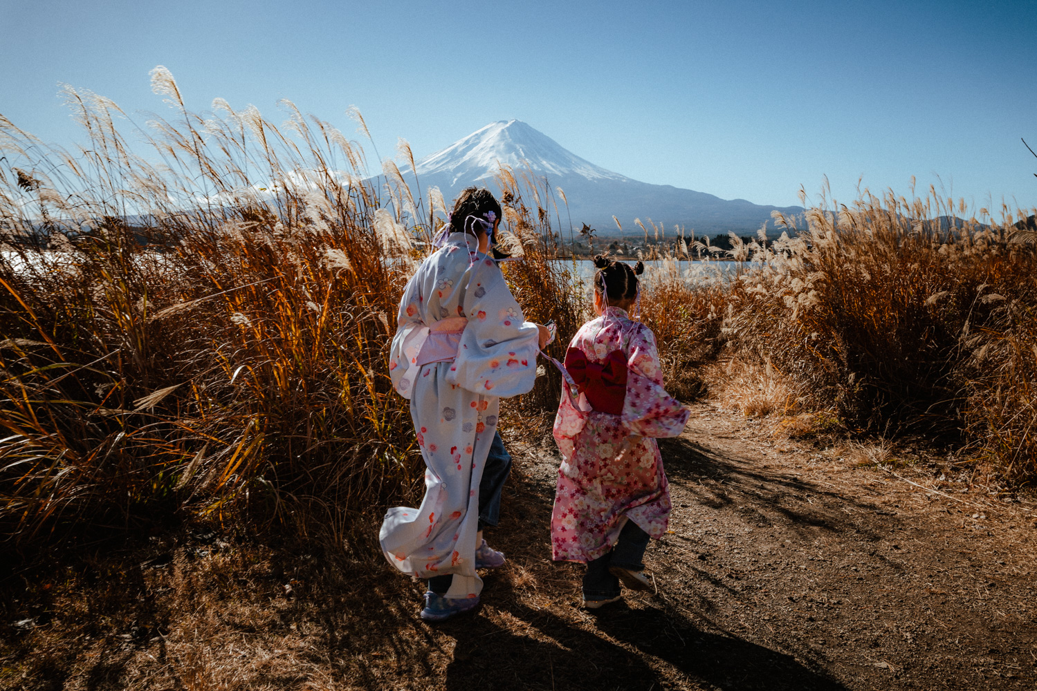 La via Honcho di Fujiyoshida con il Monte Fuji sullo sfondo, in bianco e nero