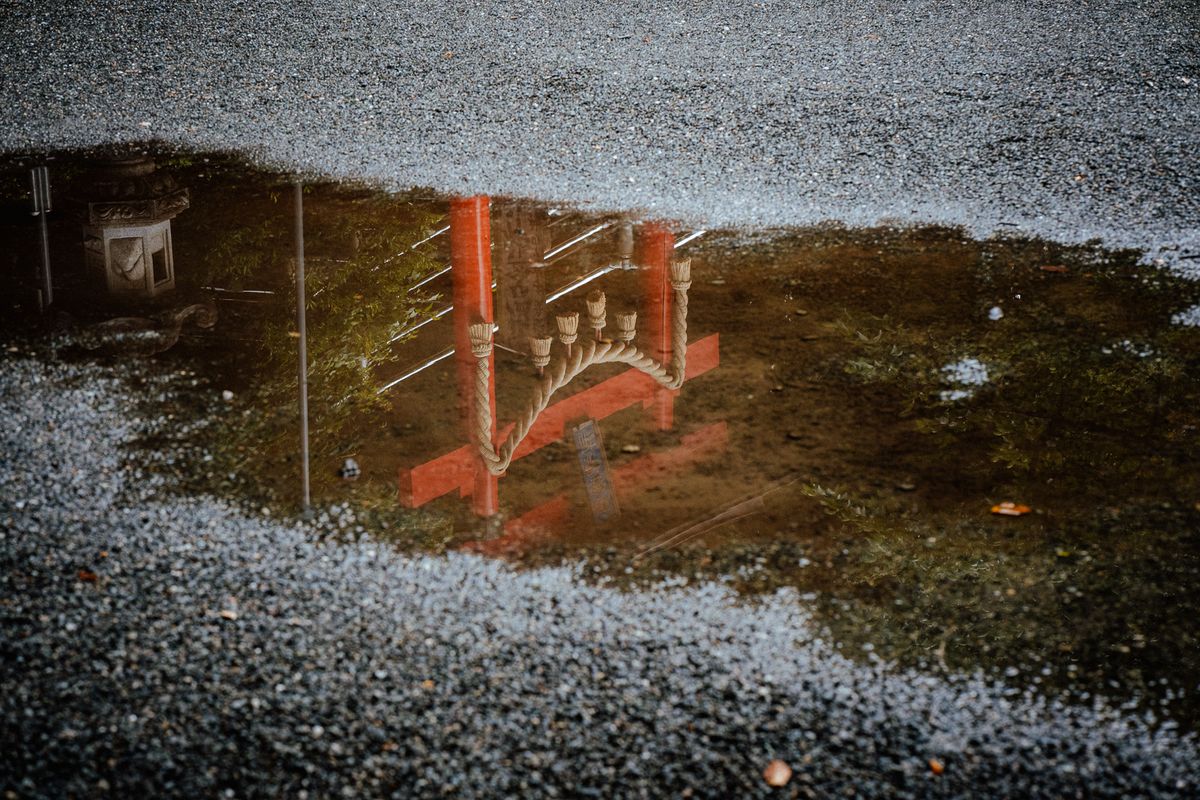 Torii e shimenawa riflessi in una pozzanghera sulla ghiaia, Fujiyoshida