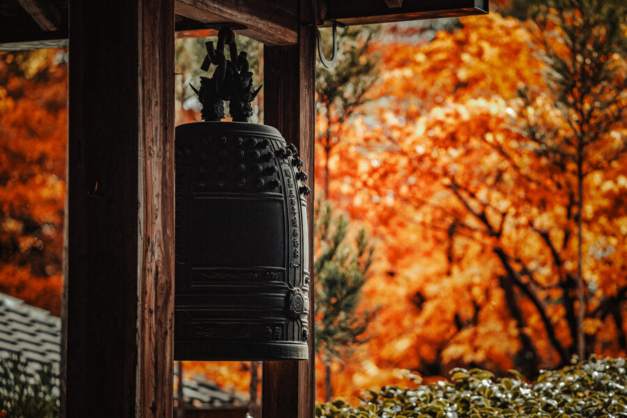 Campana di un tempio incorniciata dalle foglie d’acero, Kyoto