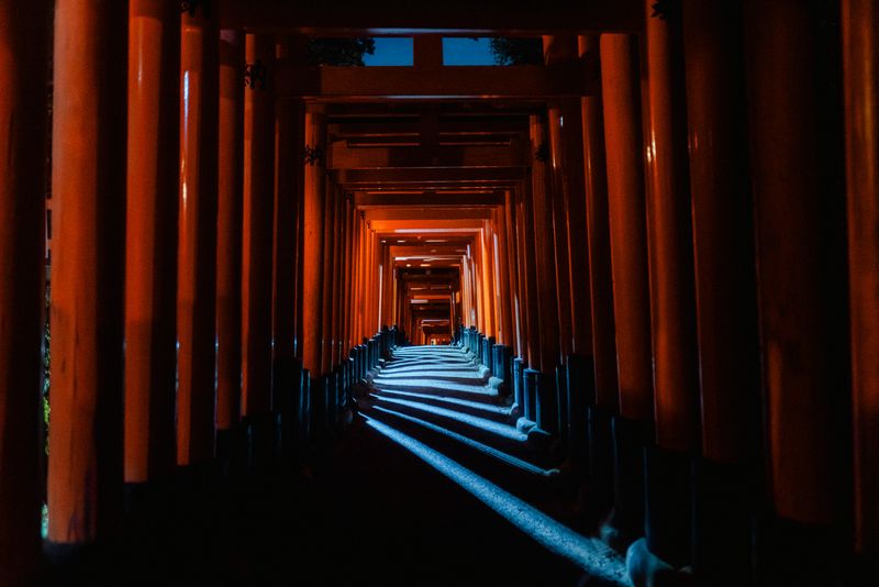 Il tunnel dei mille torii vermigli di Fushimi Inari illuminato di notte, Kyoto