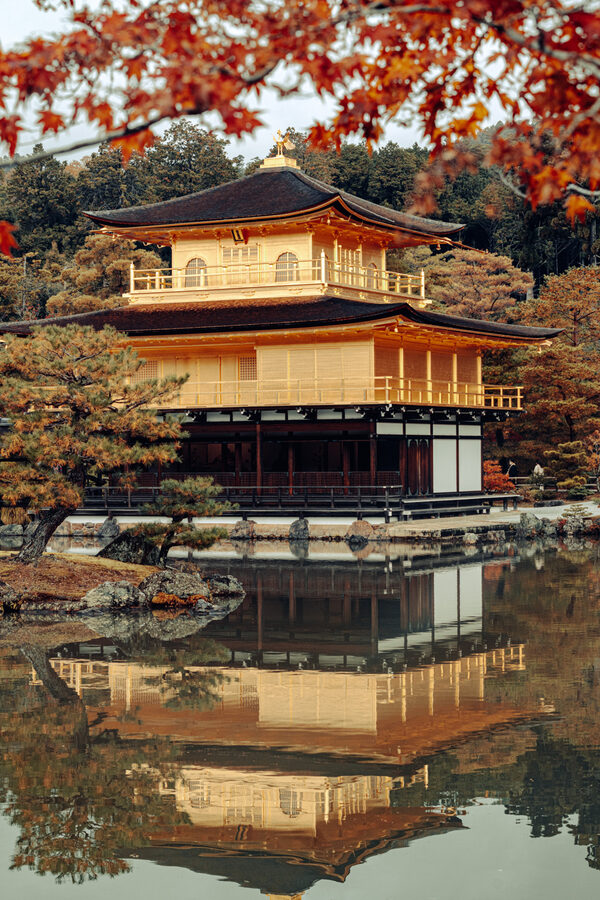 Kinkaku-ji riflesso nello stagno tra i colori d’autunno, Kyoto