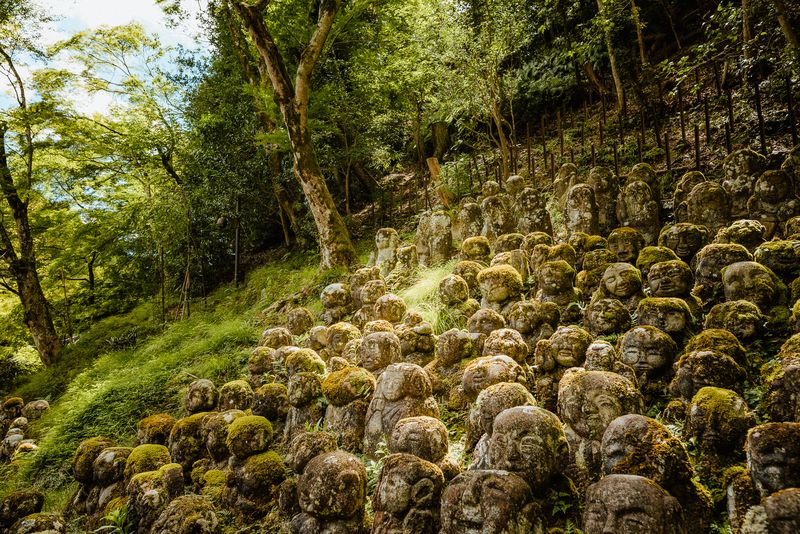 Centinaia di statue rakan muschiate sul pendio boscoso di Otagi Nenbutsu-ji, Kyoto
