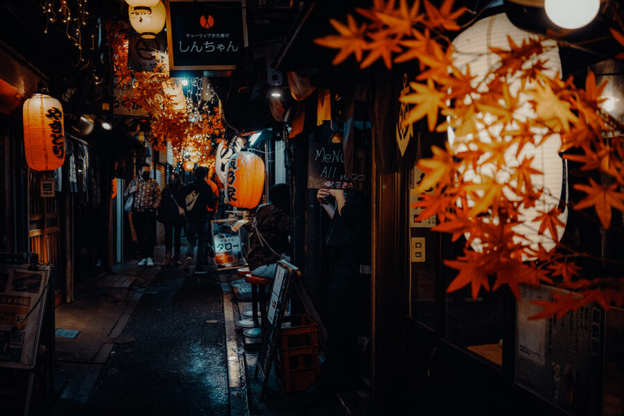 Vicolo di Pontochō decorato con aceri e lanterne, Kyoto
