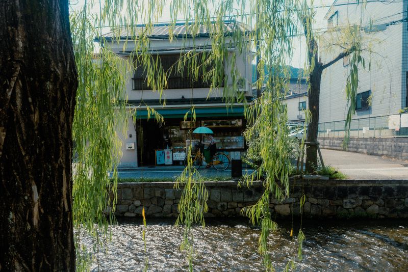 Bottega lungo un canale intravista tra i rami di un salice piangente, Kyoto