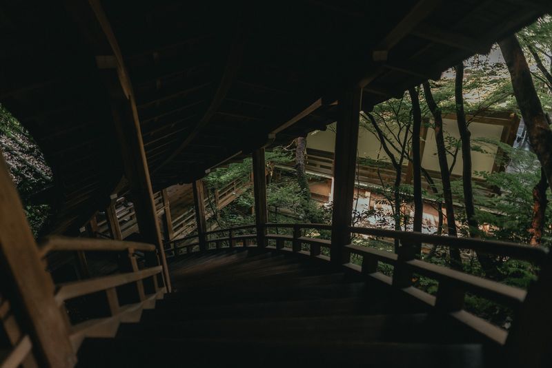 Scala di legno curva immersa nel verde di un tempio di montagna, Kyoto