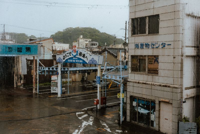 Il paese del porto visto attraverso un finestrino rigato di pioggia, arco d'ingresso e centro ittico, Nachi