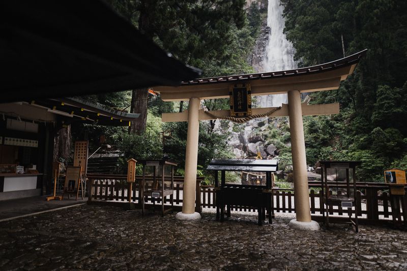 Il torii del santuario Hirō con la cascata di Nachi che precipita alle spalle, giorno di pioggia