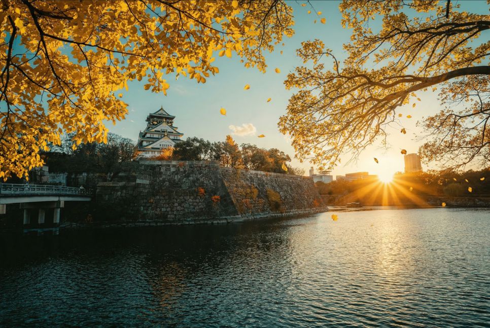 Il castello di Osaka nel foliage al tramonto