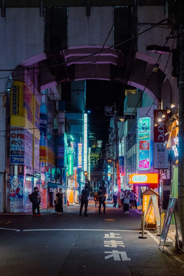 L’arco in muratura della ferrovia inquadra le insegne al neon della via, Akihabara di notte, Tokyo