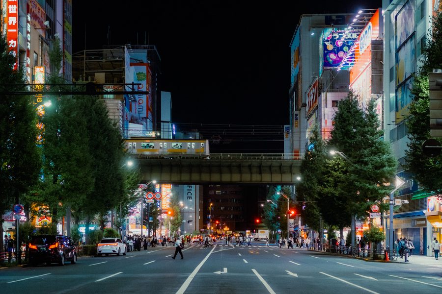 Viale deserto di Akihabara con un treno della Yāmanote sulla sopraelevata e le insegne accese, notte, Tokyo