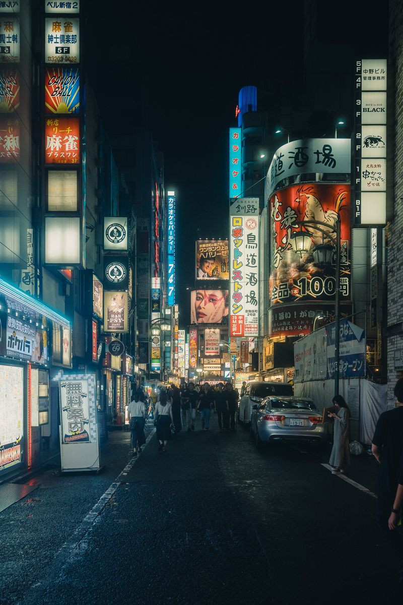 Strada di Kabukichō con le insegne luminose delle izakaya, Tokyo