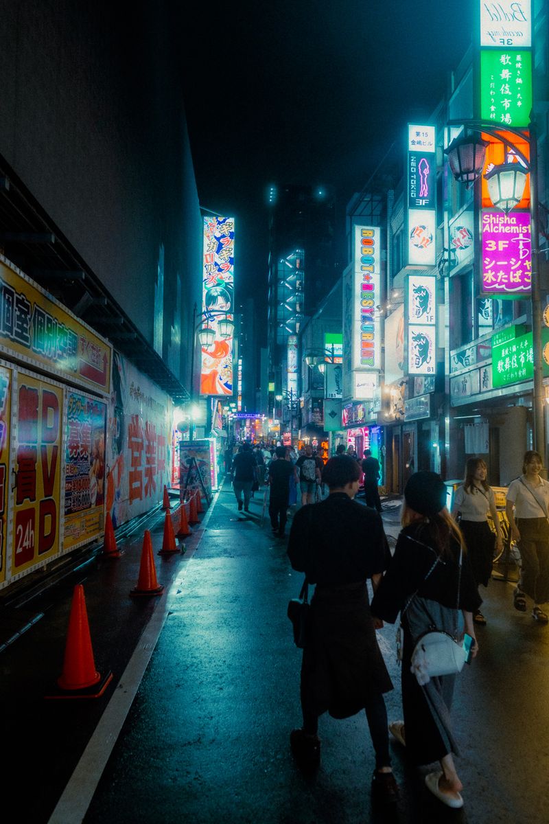 Coppia di spalle in un vicolo con i coni arancioni e le insegne al neon, Kabukichō, Tokyo