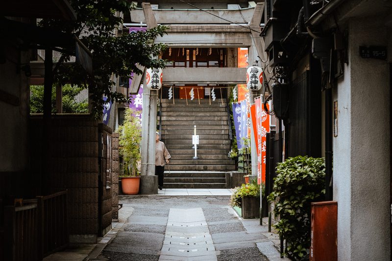 Ingresso del santuario Karasumori con torii, lanterne e stendardi in un vicolo, Shimbashi, Tokyo