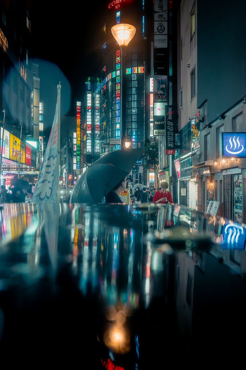 Lampione e insegne riflessi sull’asfalto bagnato, con un ombrello nero, Shinjuku, Tokyo