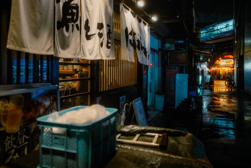 Noren di un izakaya sotto la ferrovia con un treno che passa, notte di pioggia, Tokyo