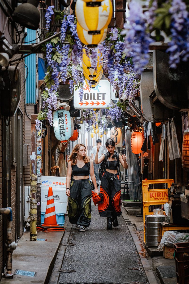 Due ragazze camminano sotto i glicini finti e le lanterne di Omoide Yokochō, Tokyo