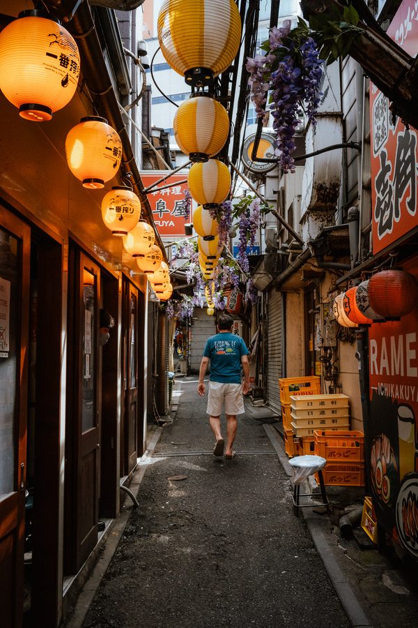 Uomo di spalle cammina nel vicolo di Omoide Yokochō sotto le lanterne di carta e i grappoli di glicine, Tokyo