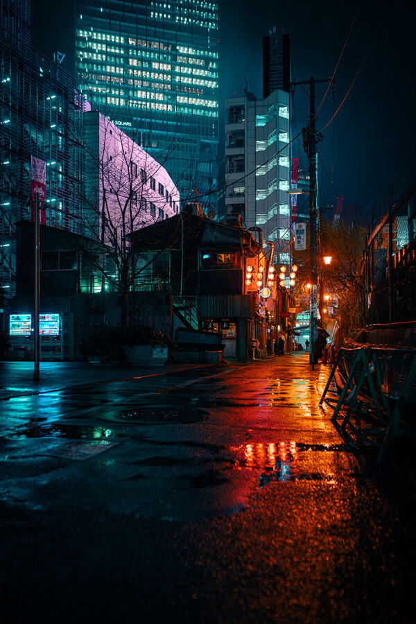 Strada di Shinjuku sotto la pioggia nella notte, Tokyo
