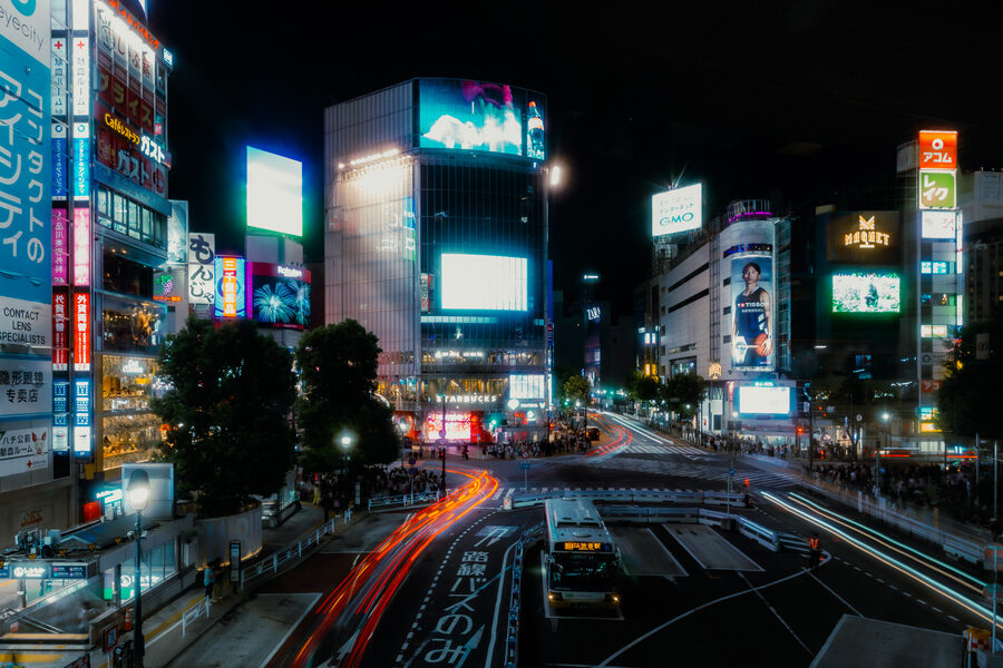 Viale di Shinjuku illuminato dalle insegne nella notte, Tokyo
