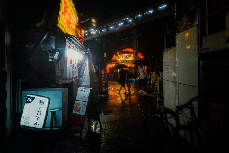 Passanti con ombrelli in un vicolo sotto la ferrovia con lanterne rosse, notte di pioggia, Tokyo
