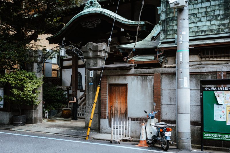 Tempio dal tetto di rame con una donna e un cane sulla soglia, di giorno, Tokyo