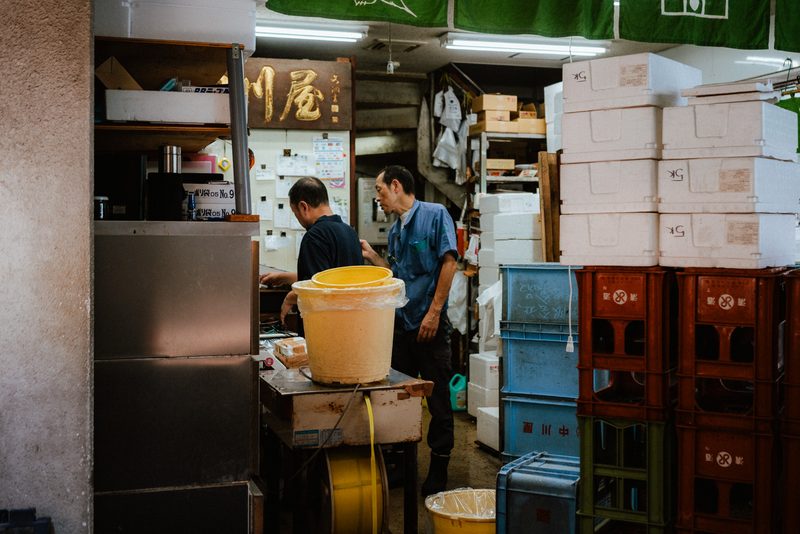 Due pescivendoli tra casse di polistirolo nel retro di una bottega, mercato di Tsukiji, Tokyo