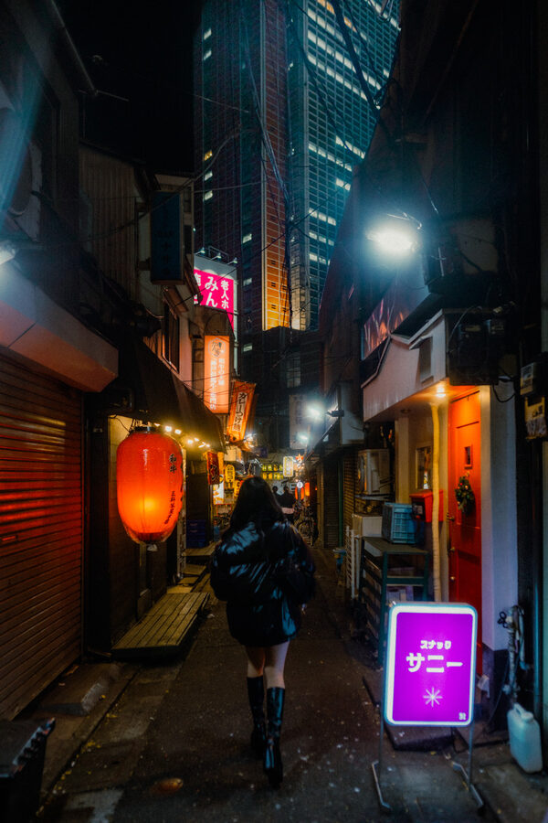 Vicolo illuminato da insegne dopo la pioggia, Tokyo
